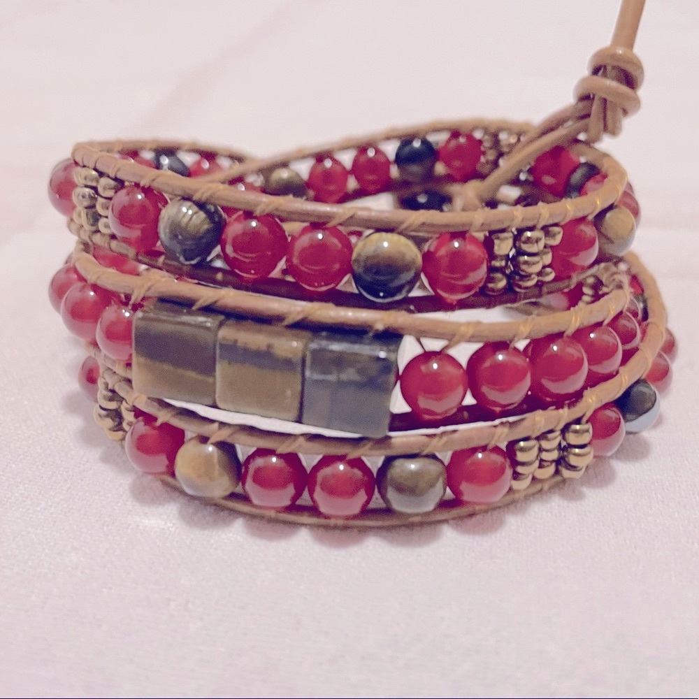 Triple wrap leather gemstone adjustable bracelet